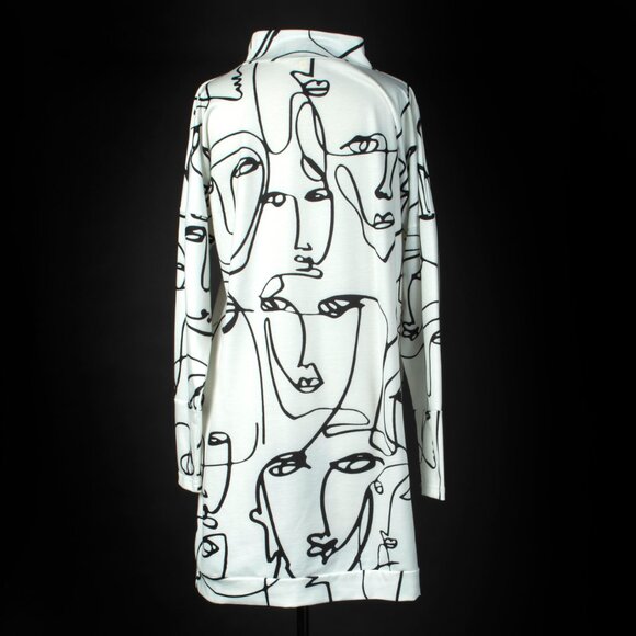 Long Sleeves Tunic Dress White with Black Line Drawing Faces Arty Whimsical - Picture 5 of 12